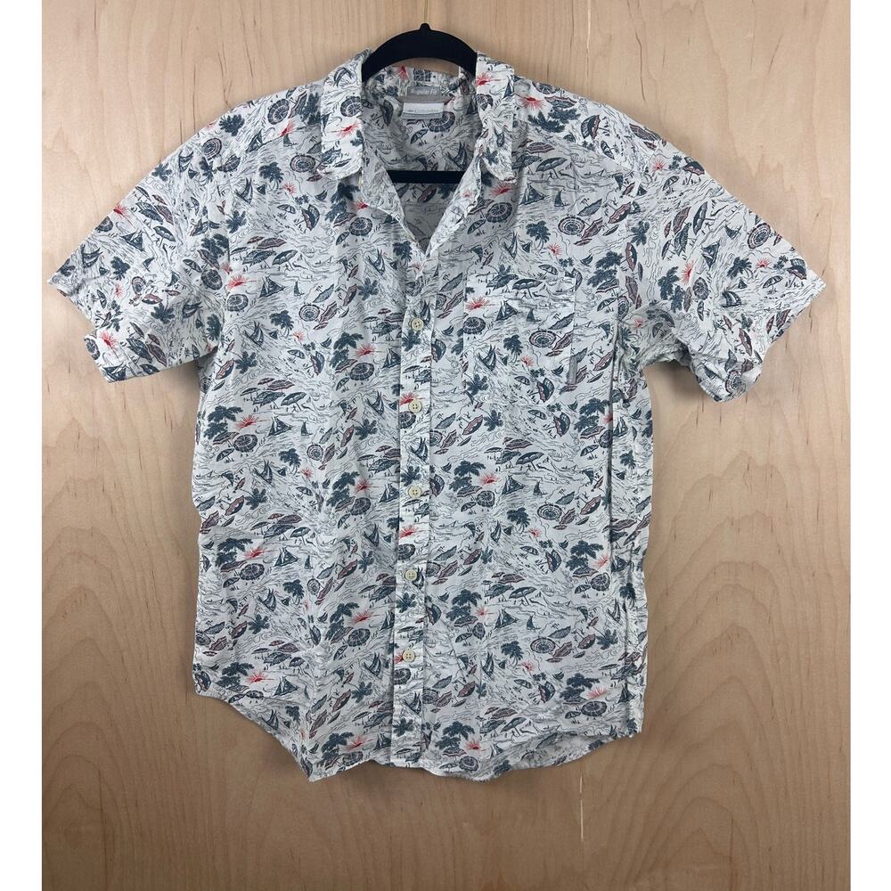 Columbia Boys M White Beach Print Short‎ Sleeve Button Down Shirt Regular Fit